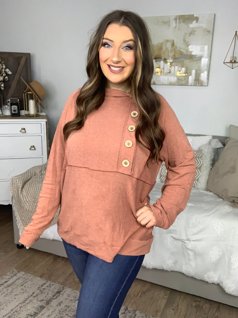 Cozy Up Rust Princess Line Out Seam Button Down Hoodie-Hoodies-Timber Brooke Boutique, Online Women's Fashion Boutique in Amarillo, Texas