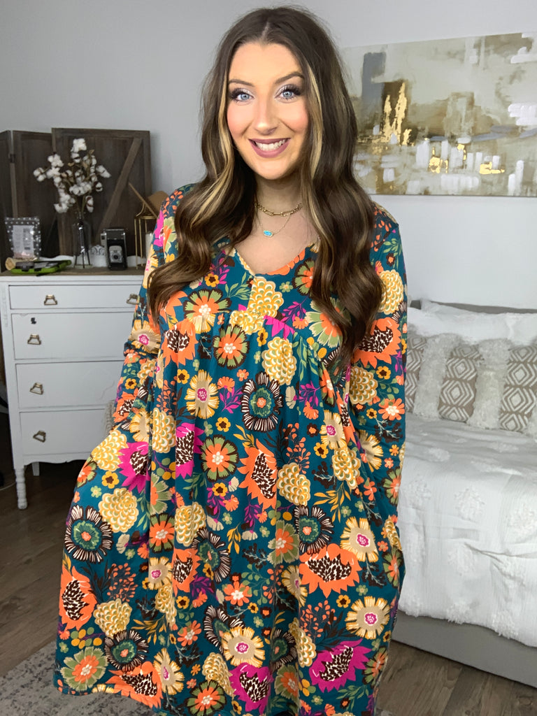 All About It Teal Vibrant Floral Pocketed Dress-Dresses-Timber Brooke Boutique, Online Women's Fashion Boutique in Amarillo, Texas