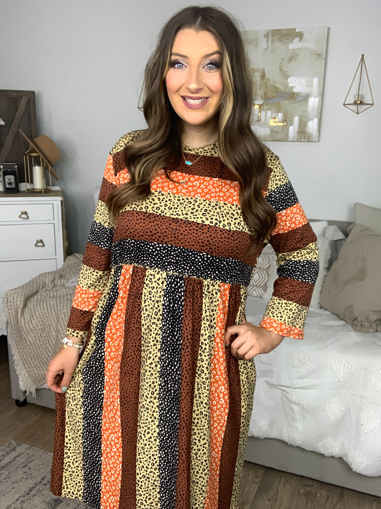 Love You Truly Taupe & Black Leopard Stripe Fit & Flare Dress-Dresses-Timber Brooke Boutique, Online Women's Fashion Boutique in Amarillo, Texas