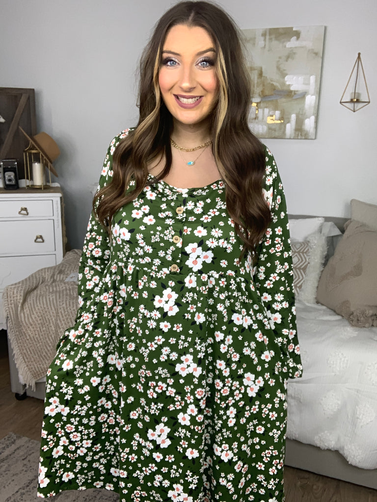 Positive Perceptions Olive Ditsy Floral Square Neck Dress-Dresses-Timber Brooke Boutique, Online Women's Fashion Boutique in Amarillo, Texas