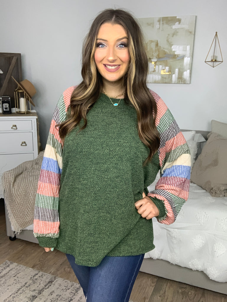 Carry On Forest Green Stripe Textured Knit Top-Long Sleeve Tops-Timber Brooke Boutique, Online Women's Fashion Boutique in Amarillo, Texas