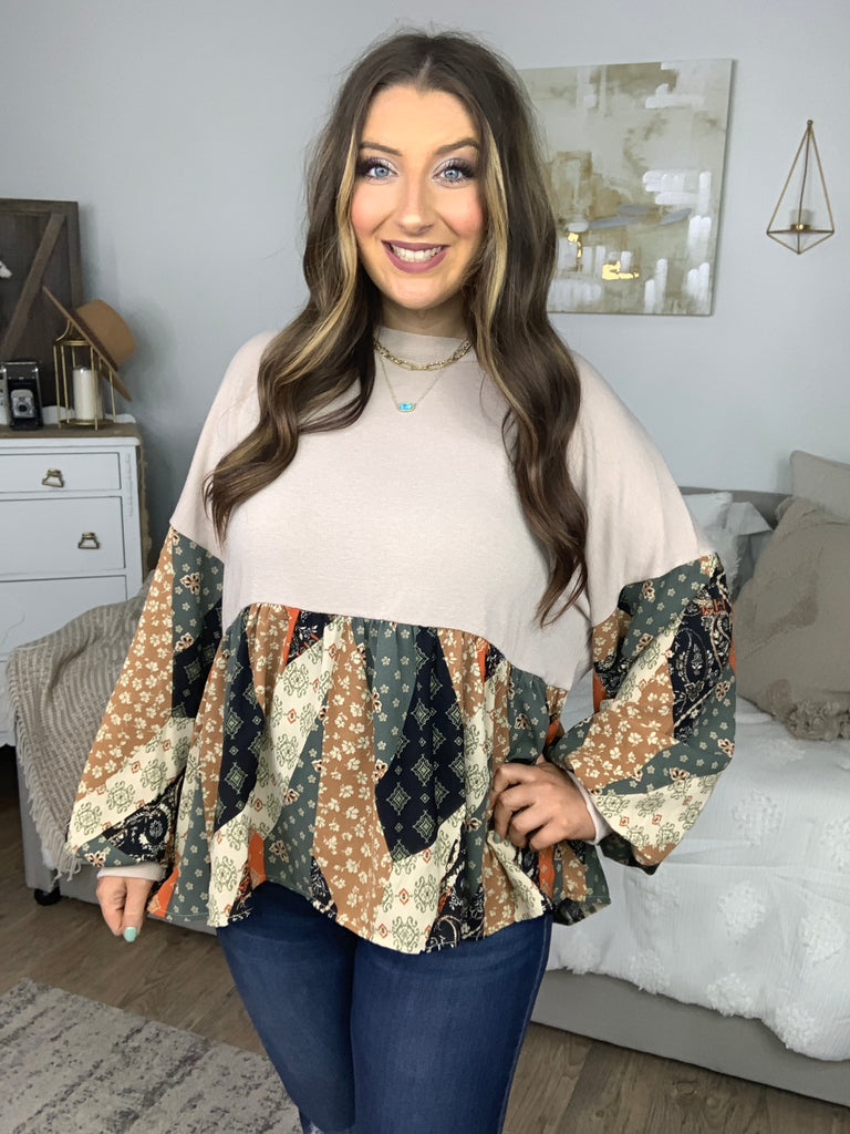 All I AskTaupe Boho Patchwork Print Babydoll Top-Long Sleeve Tops-Timber Brooke Boutique, Online Women's Fashion Boutique in Amarillo, Texas