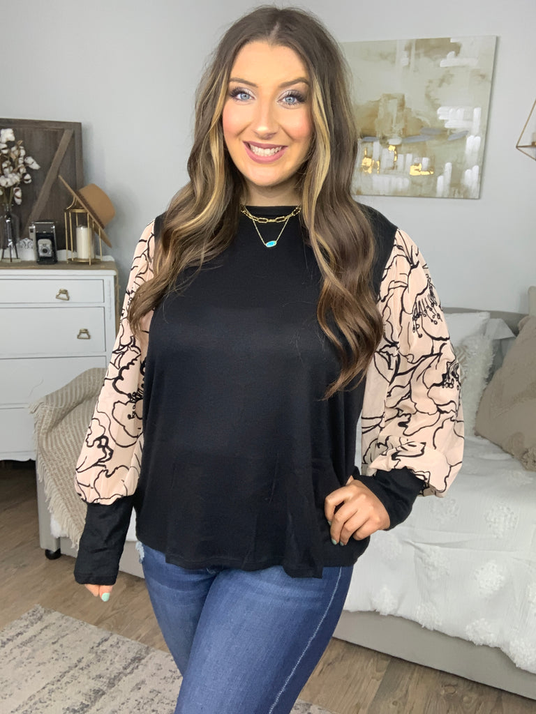 Date Night Black Velvet Floral Mesh Bubble Sleeve Top-Long Sleeve Tops-Timber Brooke Boutique, Online Women's Fashion Boutique in Amarillo, Texas