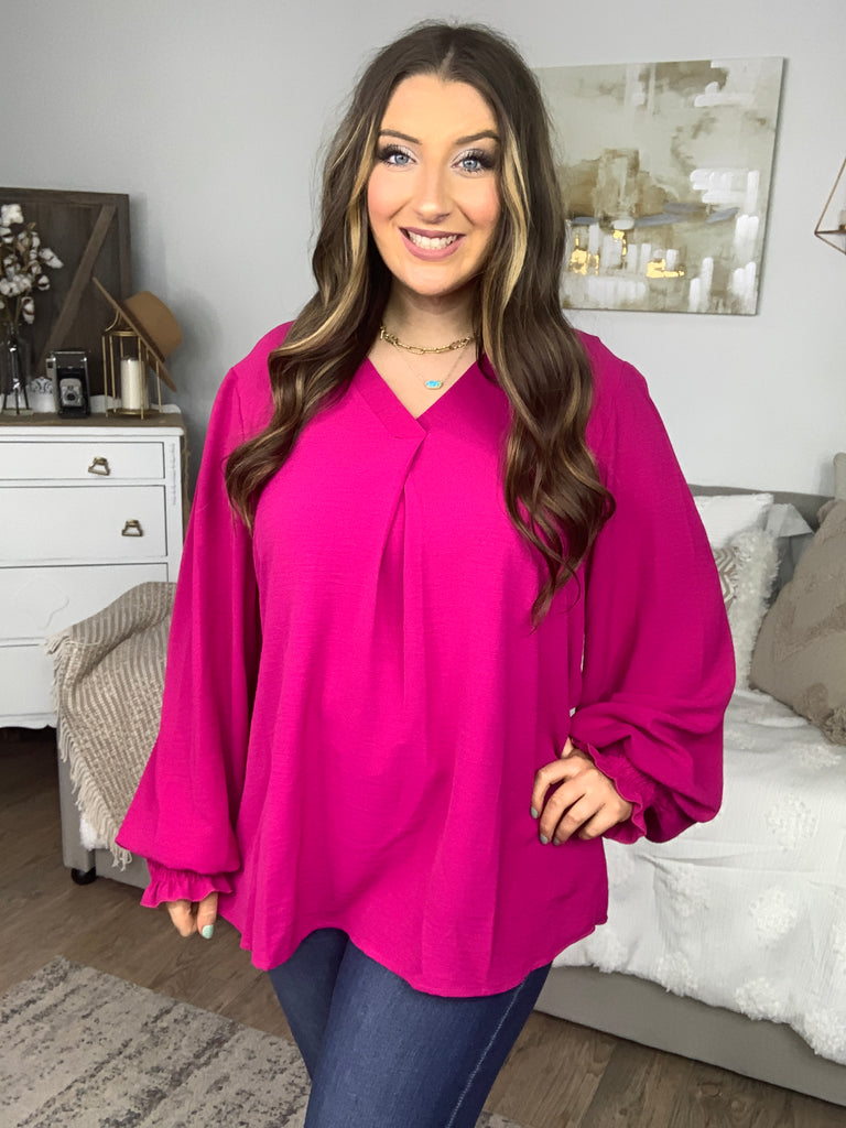 Feminine Flair Magenta Banded V Neck Smocked Top-Long Sleeve Tops-Timber Brooke Boutique, Online Women's Fashion Boutique in Amarillo, Texas
