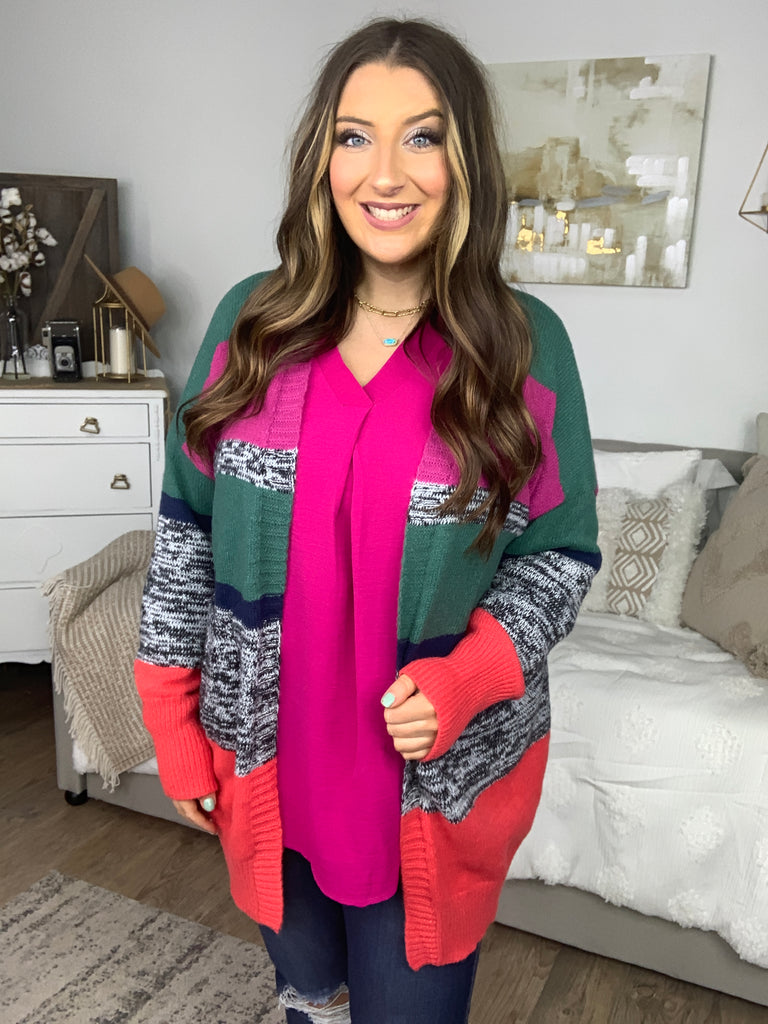 Face The Day Magenta & Hunter Green Two Tone Cardigan-Cardigans and Wraps-Timber Brooke Boutique, Online Women's Fashion Boutique in Amarillo, Texas