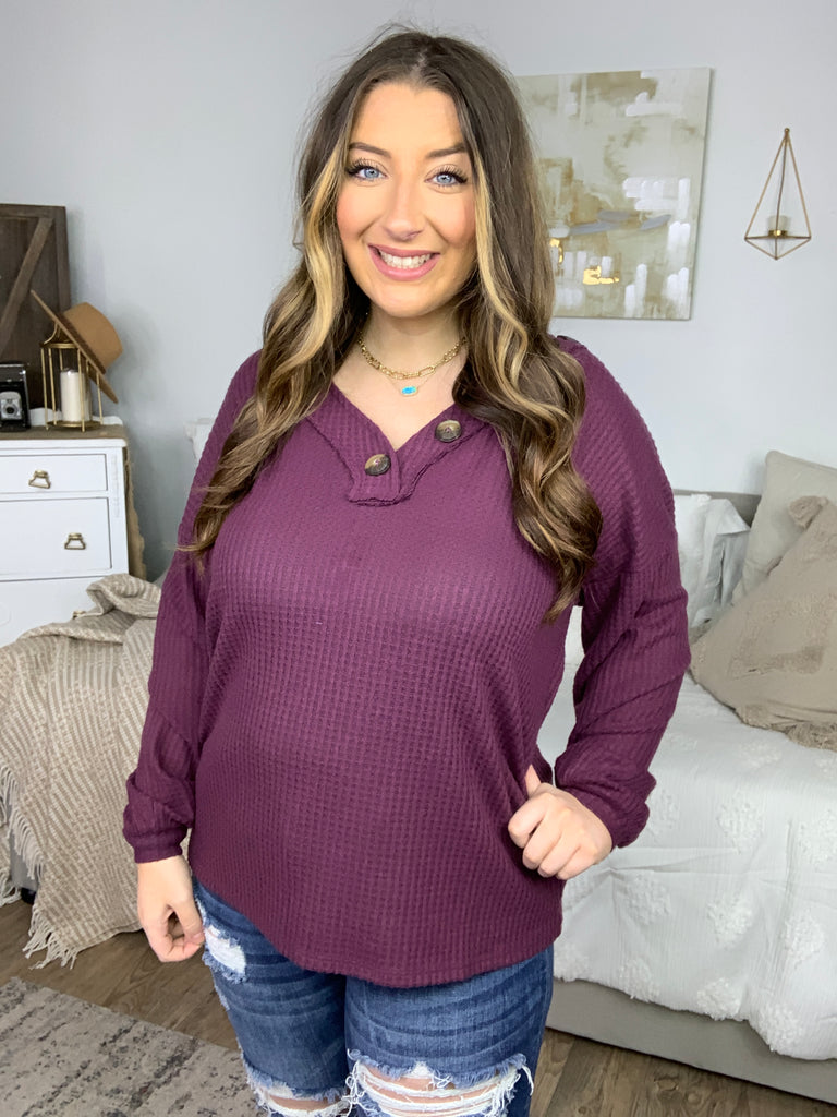 DOORBUSTER! Brushed Waffle Button Detail V-Neck-Sweaters-Timber Brooke Boutique, Online Women's Fashion Boutique in Amarillo, Texas