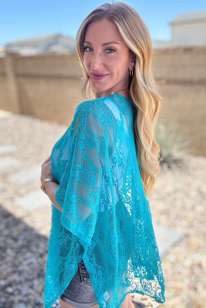Good Days Ahead Lace Kimono In Teal-Layers-Timber Brooke Boutique, Online Women's Fashion Boutique in Amarillo, Texas