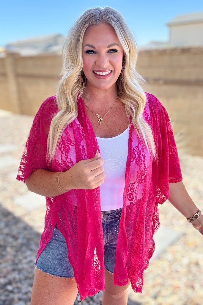 Good Days Ahead Lace Kimono In Fuchsia-Layers-Timber Brooke Boutique, Online Women's Fashion Boutique in Amarillo, Texas