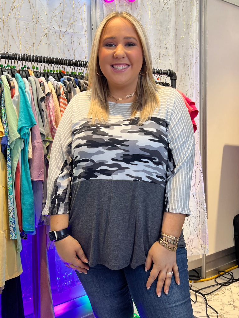 MARKET! Grey Camo Striped Top-Tops-Timber Brooke Boutique, Online Women's Fashion Boutique in Amarillo, Texas