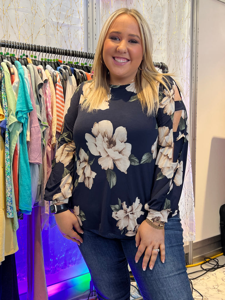 MARKET! Navy Floral Scrunch Sleeve Top-Tops-Timber Brooke Boutique, Online Women's Fashion Boutique in Amarillo, Texas