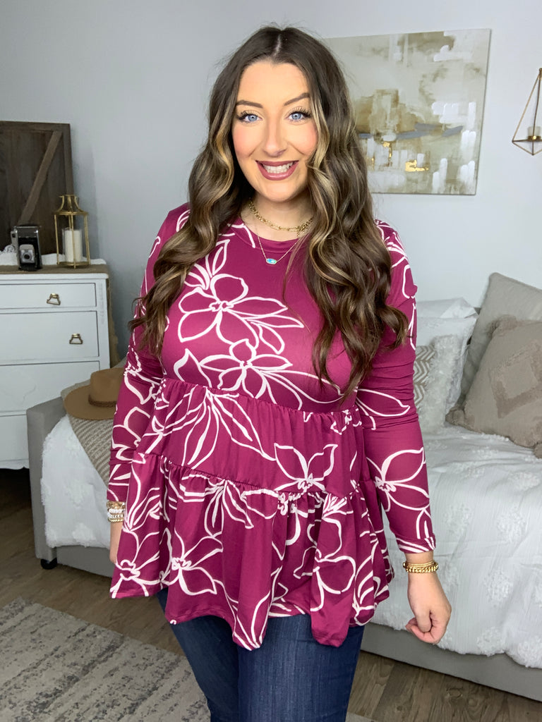 Foot Loose Magenta Floral Tiered Babydoll Top-Long Sleeve Tops-Timber Brooke Boutique, Online Women's Fashion Boutique in Amarillo, Texas