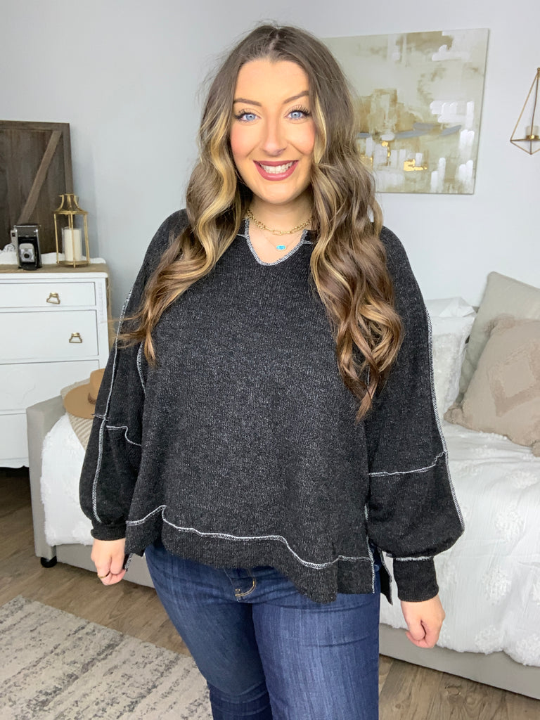 Weekend Ready Charcoal Two Tone Knit Notched Neck Raglan Top-Long Sleeve Tops-Timber Brooke Boutique, Online Women's Fashion Boutique in Amarillo, Texas