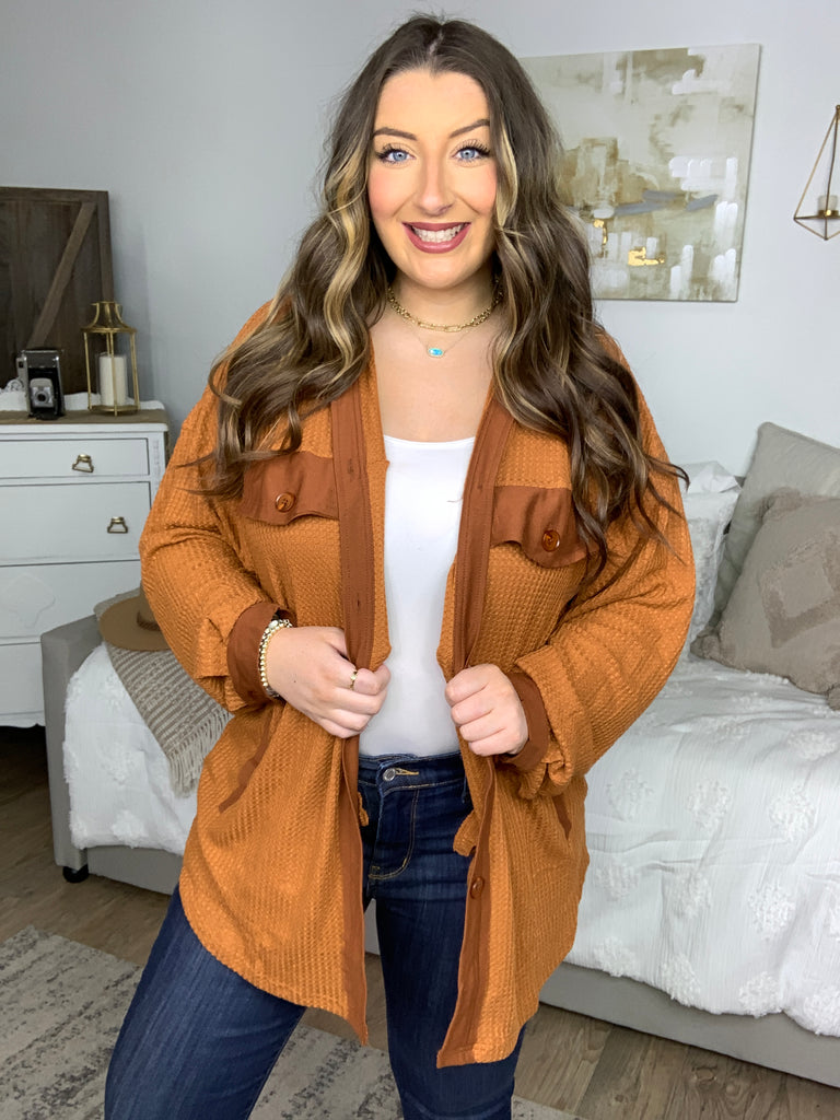 Only For You Rust Waffle Button Down Oversized Shacket-Jackets-Timber Brooke Boutique, Online Women's Fashion Boutique in Amarillo, Texas