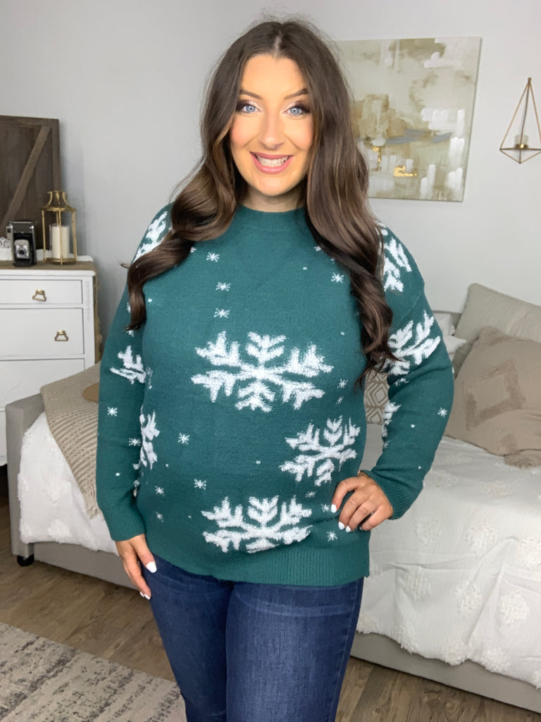 Season Greetings Hunter Green Puffy Snowflake Jacquard Sweater-Sweaters-Timber Brooke Boutique, Online Women's Fashion Boutique in Amarillo, Texas