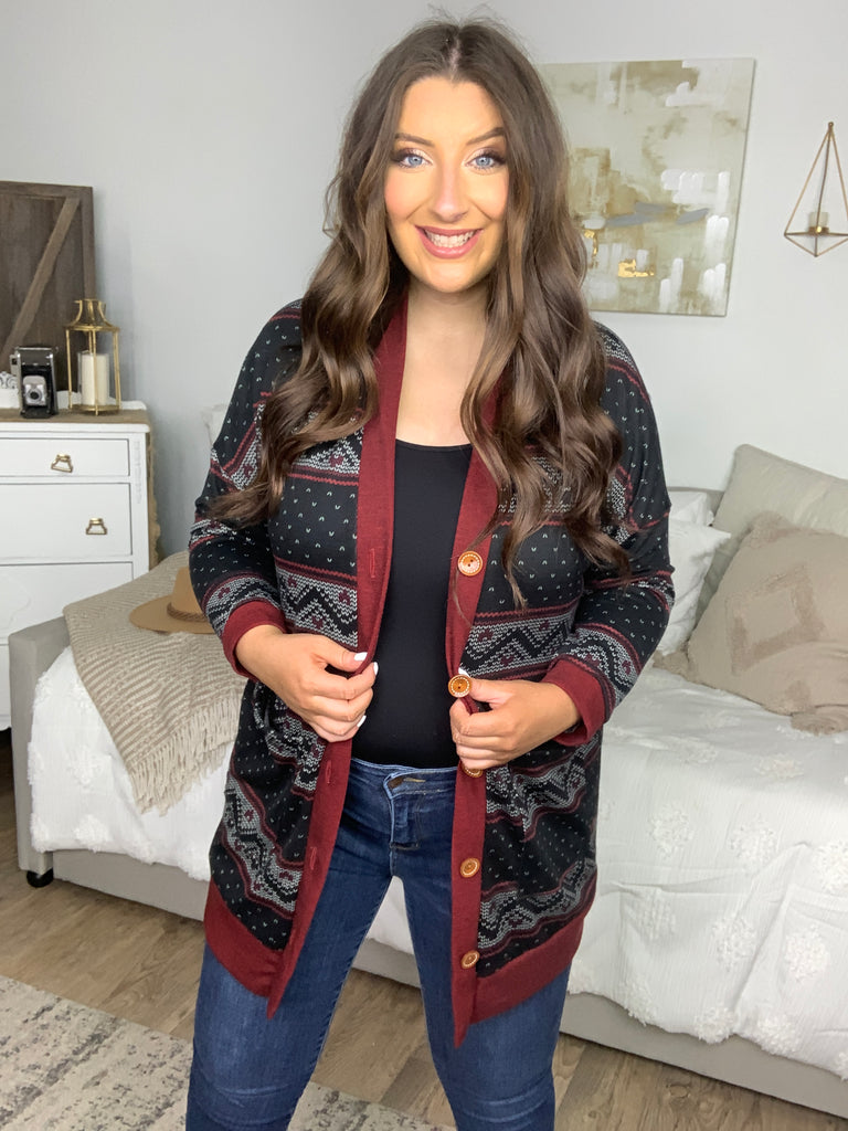 All Class Burgundy Holiday Print Button Cardigan-Cardigans and Wraps-Timber Brooke Boutique, Online Women's Fashion Boutique in Amarillo, Texas
