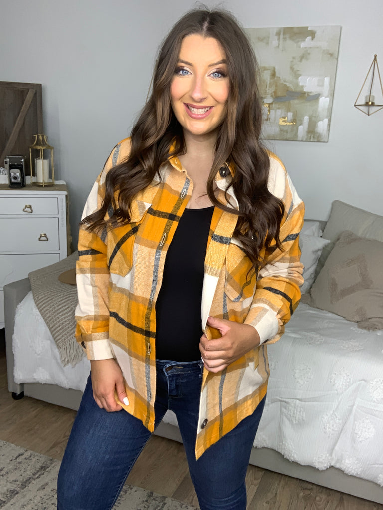 Weekend Ready Butterscotch Plaid Flannel Oversized Jacket-Coats & Jackets-Timber Brooke Boutique, Online Women's Fashion Boutique in Amarillo, Texas
