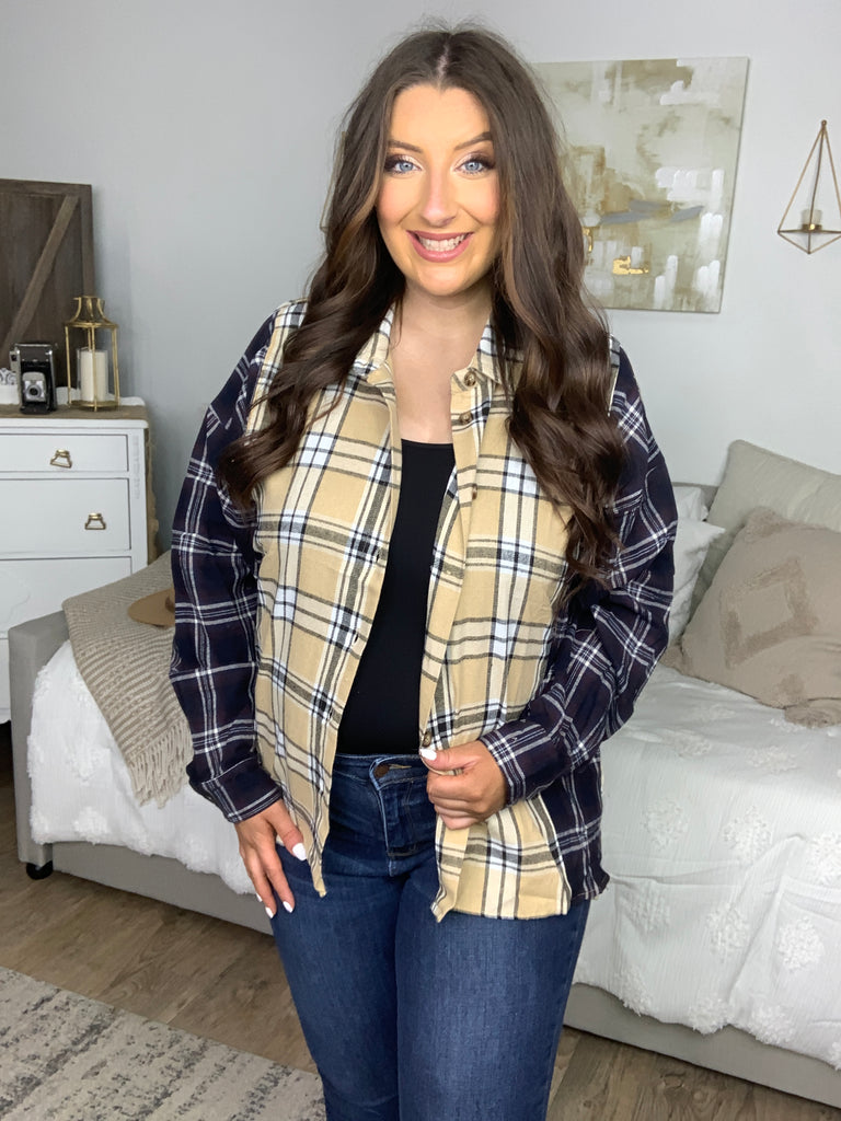 It's All Possible Navy& Beige Cotton Plaid Hi-Lo Shirt Top-Long Sleeve Tops-Timber Brooke Boutique, Online Women's Fashion Boutique in Amarillo, Texas