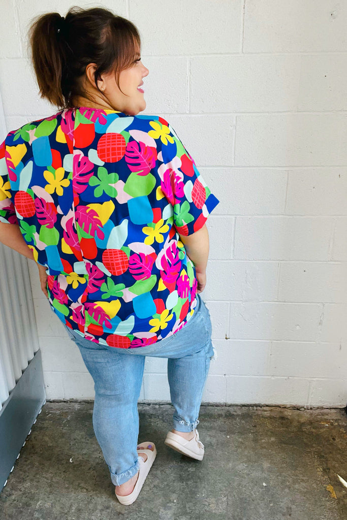 Time For Sun Navy Multicolor Tropical Print V Neck Top-Timber Brooke Boutique, Online Women's Fashion Boutique in Amarillo, Texas