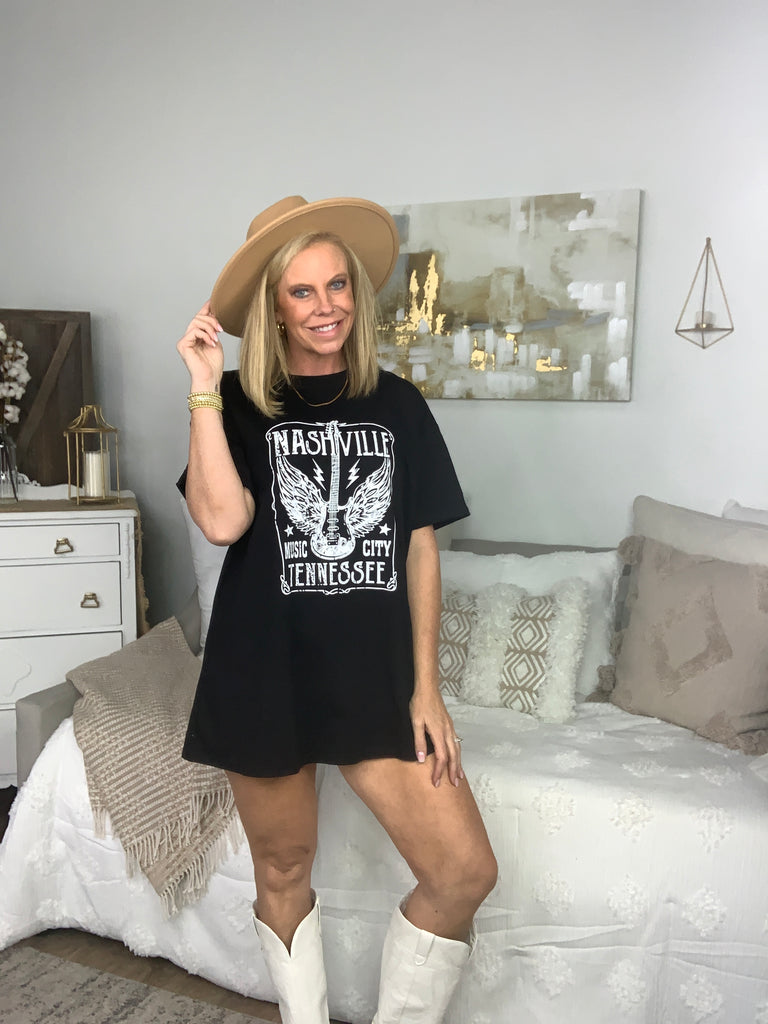 Black Cotton NASHVILLE Music City Graphic Tee-Graphic Tees-Timber Brooke Boutique, Online Women's Fashion Boutique in Amarillo, Texas