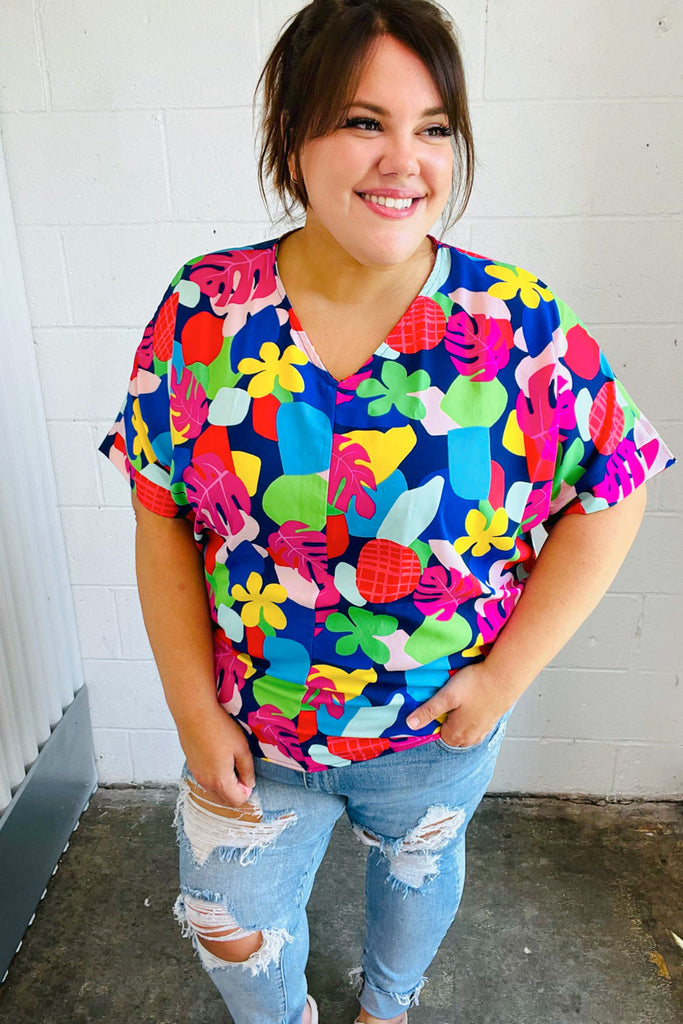 Time For Sun Navy Multicolor Tropical Print V Neck Top-Timber Brooke Boutique, Online Women's Fashion Boutique in Amarillo, Texas