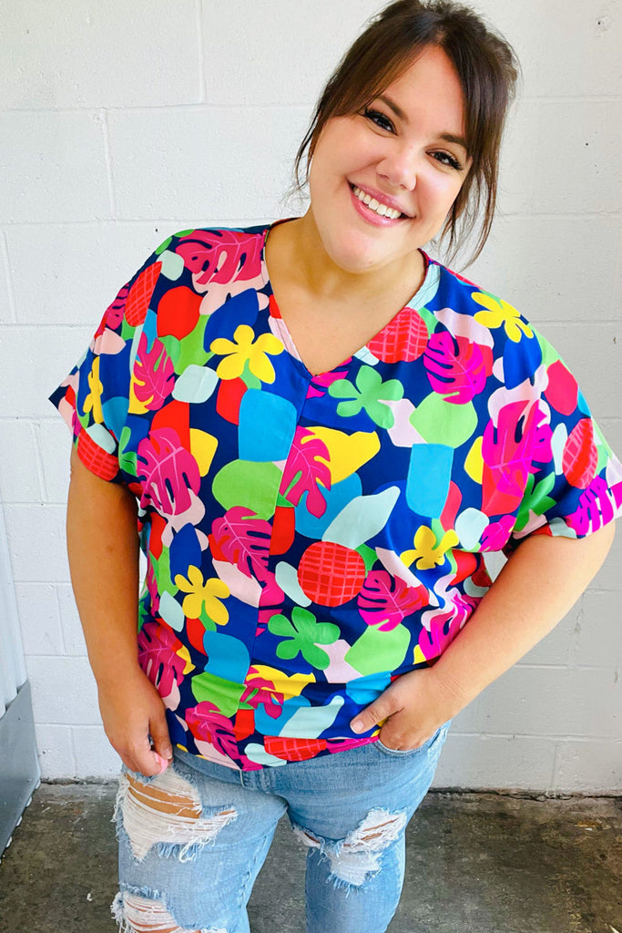 Time For Sun Navy Multicolor Tropical Print V Neck Top-Timber Brooke Boutique, Online Women's Fashion Boutique in Amarillo, Texas