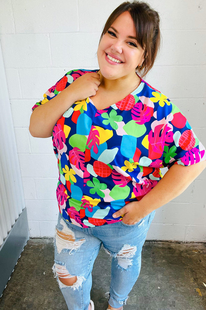 Time For Sun Navy Multicolor Tropical Print V Neck Top-Timber Brooke Boutique, Online Women's Fashion Boutique in Amarillo, Texas