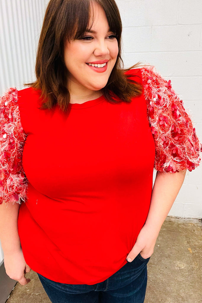 Come To Me Red Sequin Puff Short Sleeve Top-Timber Brooke Boutique, Online Women's Fashion Boutique in Amarillo, Texas
