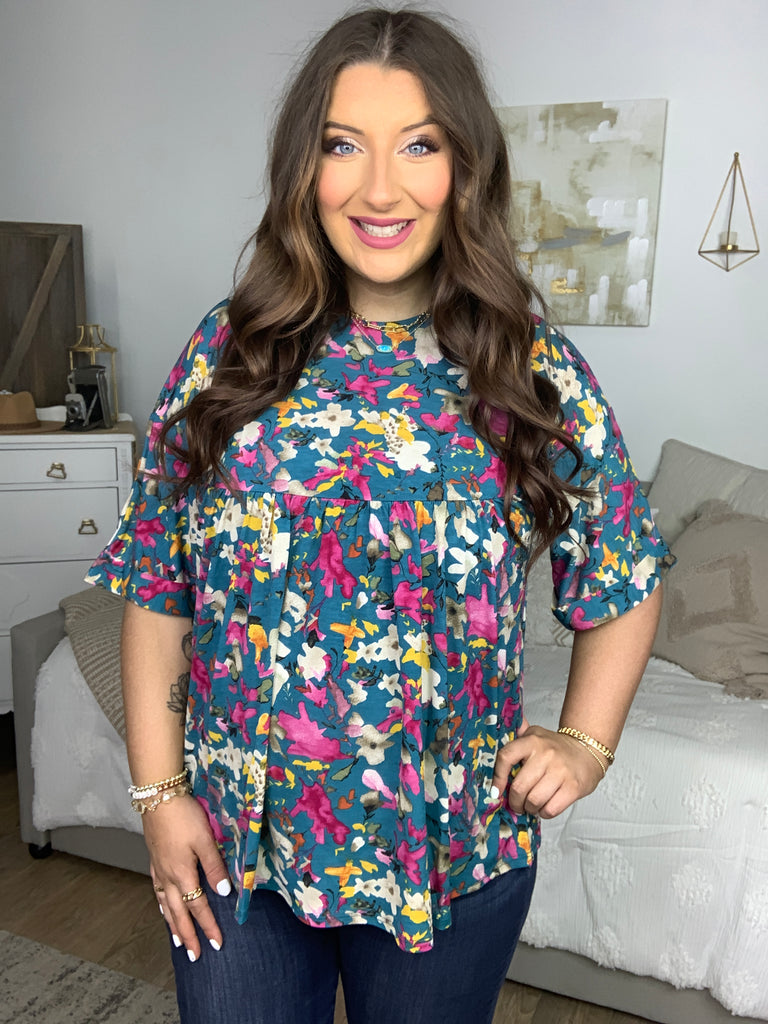 Teal and Magenta Floral Blouse-Timber Brooke Boutique, Online Women's Fashion Boutique in Amarillo, Texas