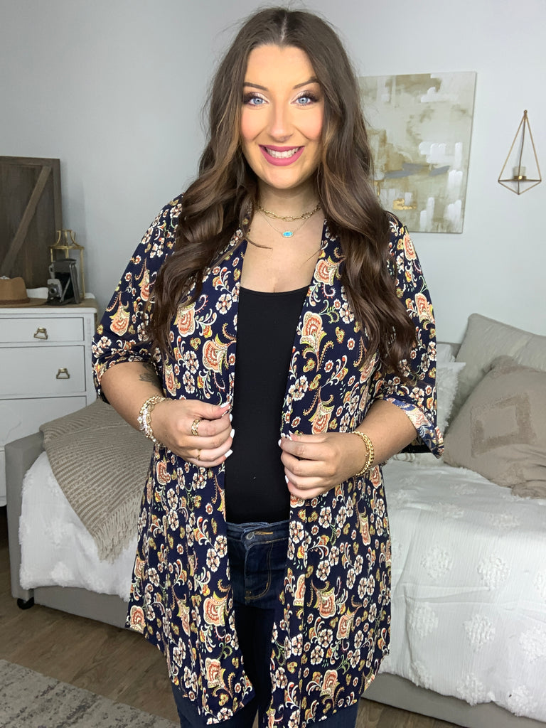 Navy Ditzy Floral Cardigan-Timber Brooke Boutique, Online Women's Fashion Boutique in Amarillo, Texas
