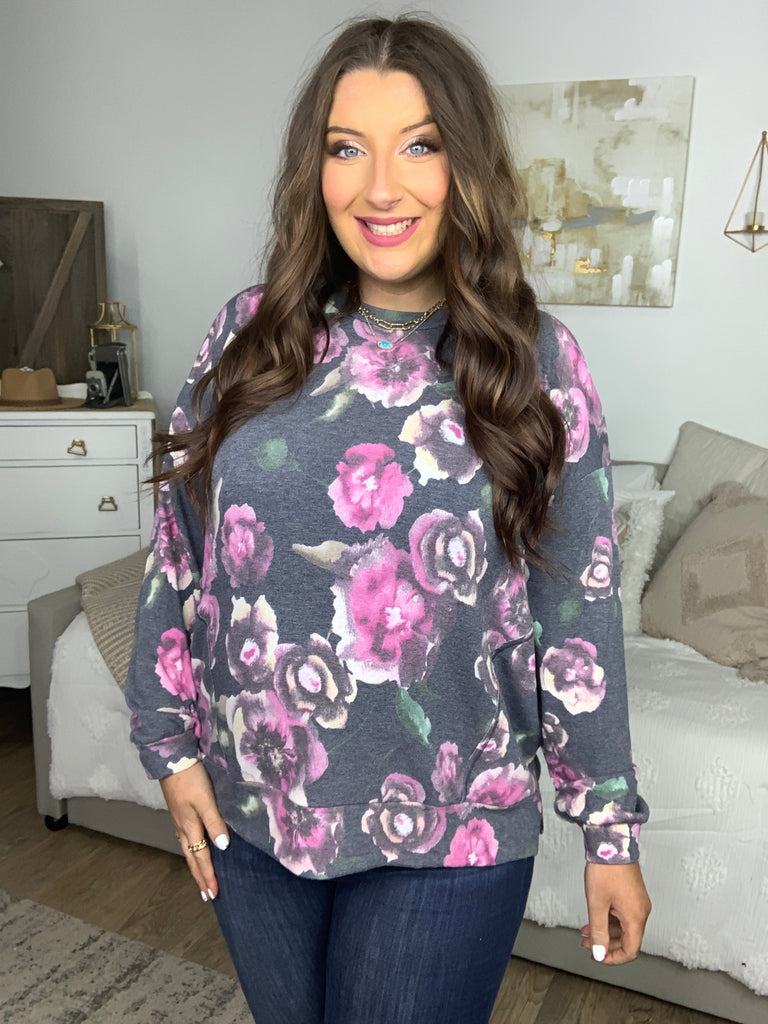 Charcoal Floral Top-Timber Brooke Boutique, Online Women's Fashion Boutique in Amarillo, Texas