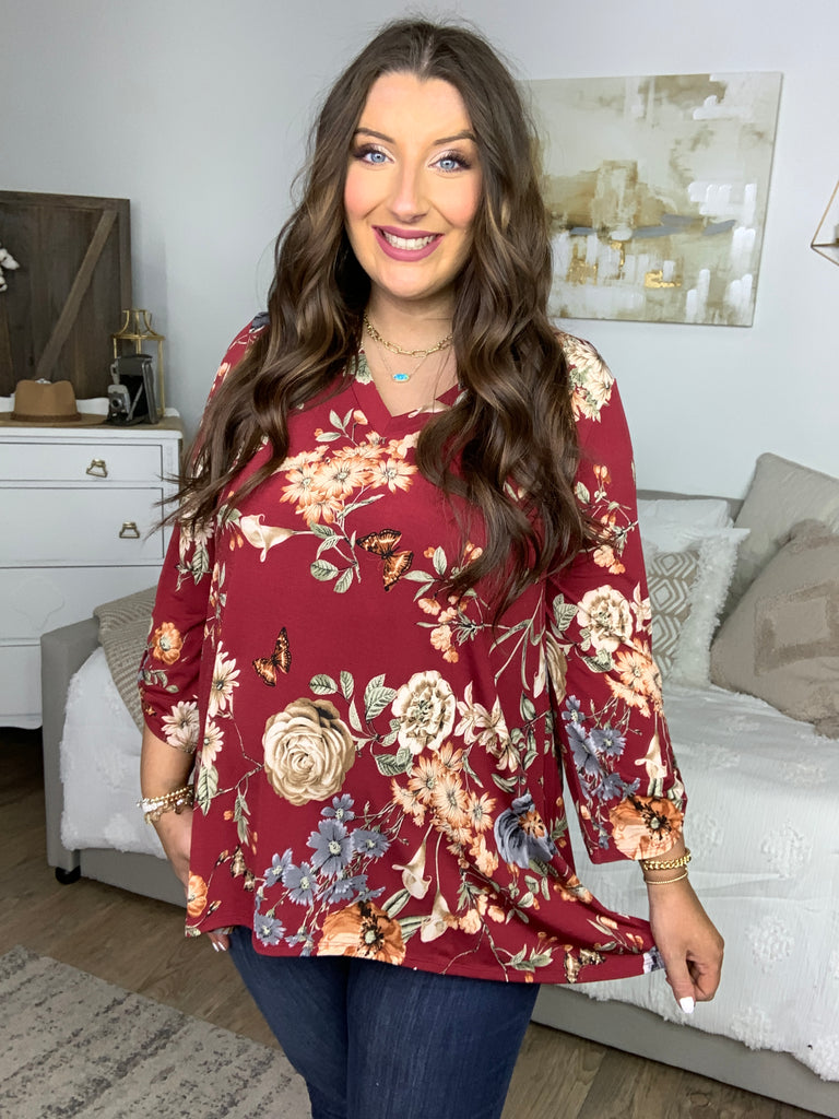 Dark Wine Floral Top-Timber Brooke Boutique, Online Women's Fashion Boutique in Amarillo, Texas