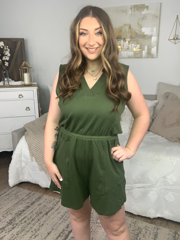 DOORBUSTER! Cotton Sleeveless Romper With Pockets-Jumpsuits and Rompers-Timber Brooke Boutique, Online Women's Fashion Boutique in Amarillo, Texas