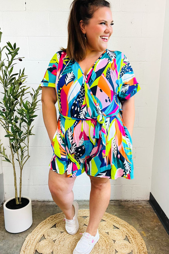 Tropical Vibes Multicolor Tropical Print Surplice Tie Waist Romper-Timber Brooke Boutique, Online Women's Fashion Boutique in Amarillo, Texas