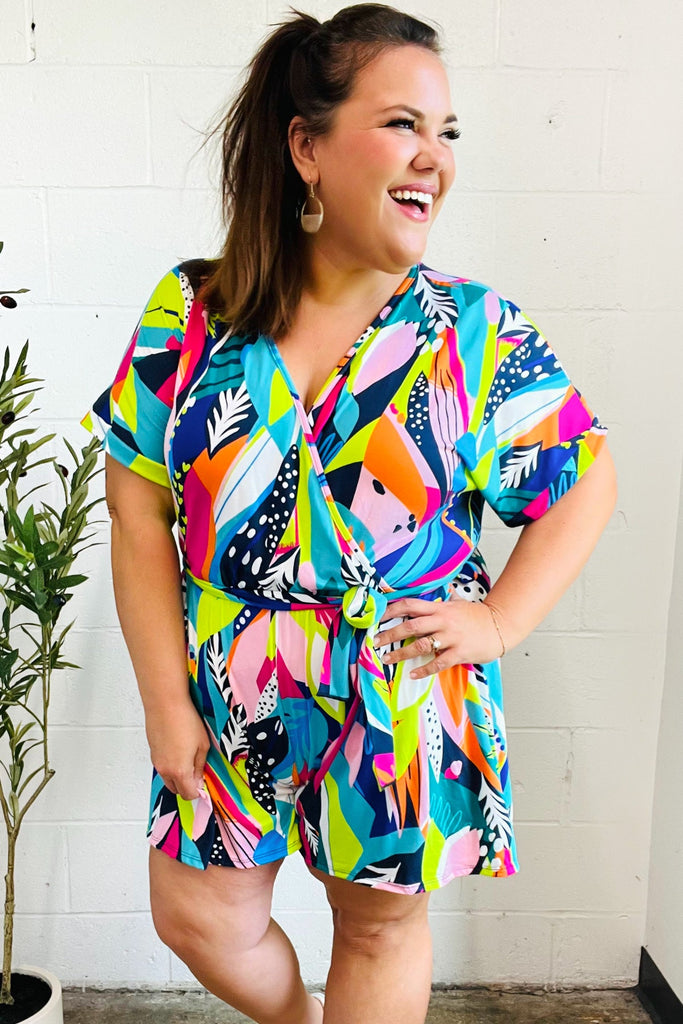 Tropical Vibes Multicolor Tropical Print Surplice Tie Waist Romper-Timber Brooke Boutique, Online Women's Fashion Boutique in Amarillo, Texas