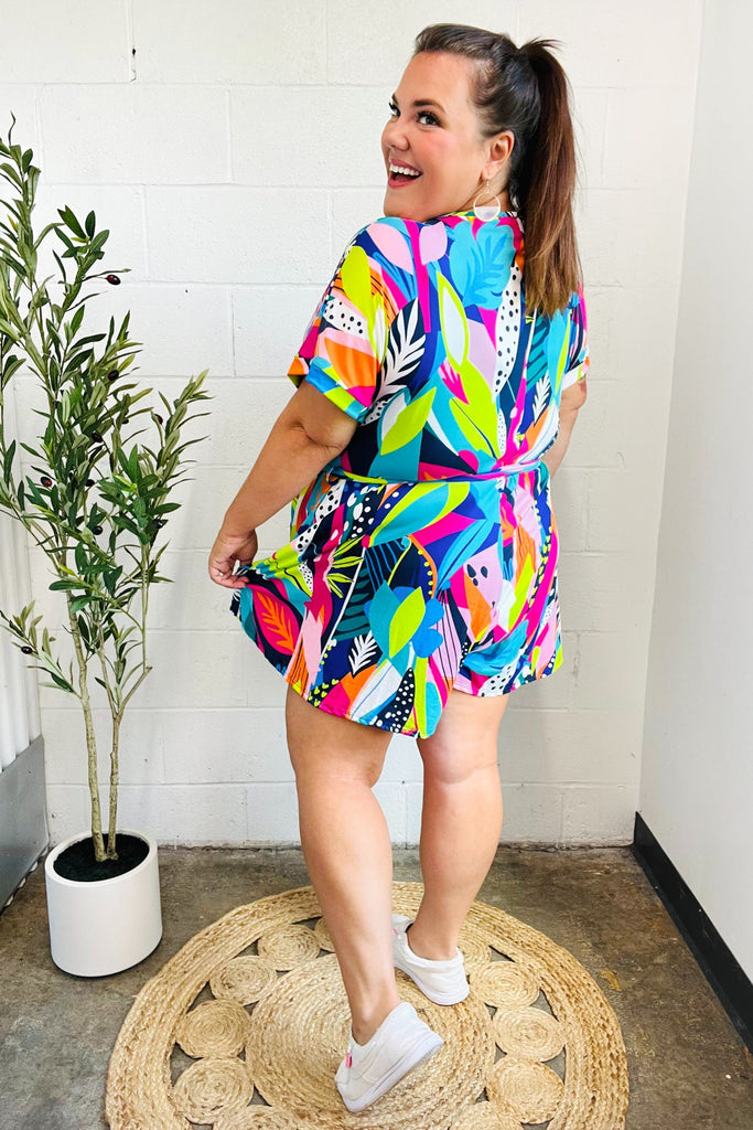 Tropical Vibes Multicolor Tropical Print Surplice Tie Waist Romper-Timber Brooke Boutique, Online Women's Fashion Boutique in Amarillo, Texas