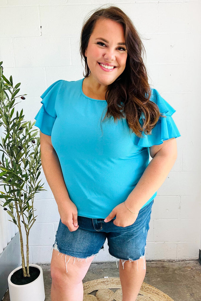 Lovely In Blue Tiered Double Ruffle Sleeve Woven Top-Timber Brooke Boutique, Online Women's Fashion Boutique in Amarillo, Texas