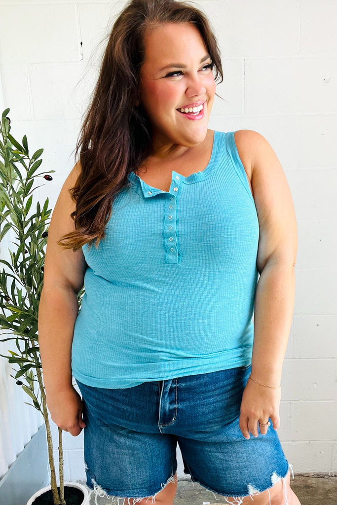 Summer Days Ice Blue Melange Ribbed Henley Button Down Tank-Timber Brooke Boutique, Online Women's Fashion Boutique in Amarillo, Texas