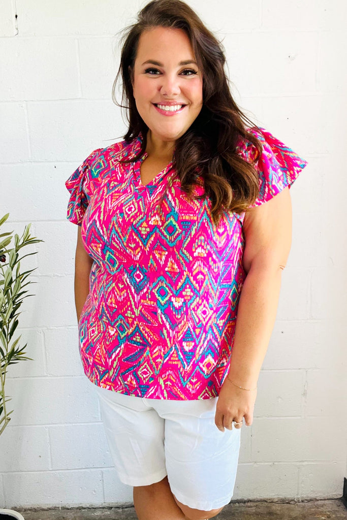 Eyes On You Fuchsia Boho Ikat Print Frill Notch Neck Top-Timber Brooke Boutique, Online Women's Fashion Boutique in Amarillo, Texas