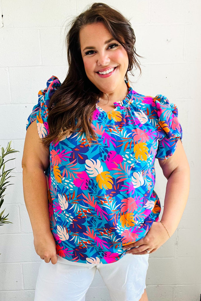 All For You Aqua Tropical Print Frill Notch Neck Puff Sleeve Top-Timber Brooke Boutique, Online Women's Fashion Boutique in Amarillo, Texas