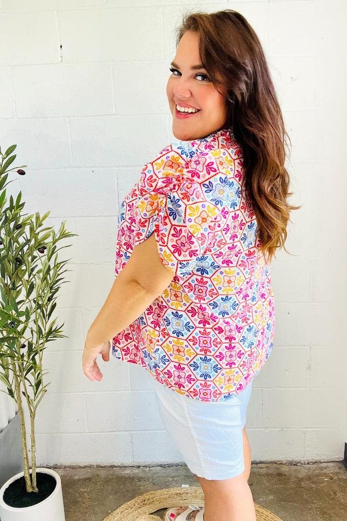 Beautiful You Ivory Floral Lace Frill Notch Neck Puff Sleeve Top-Timber Brooke Boutique, Online Women's Fashion Boutique in Amarillo, Texas