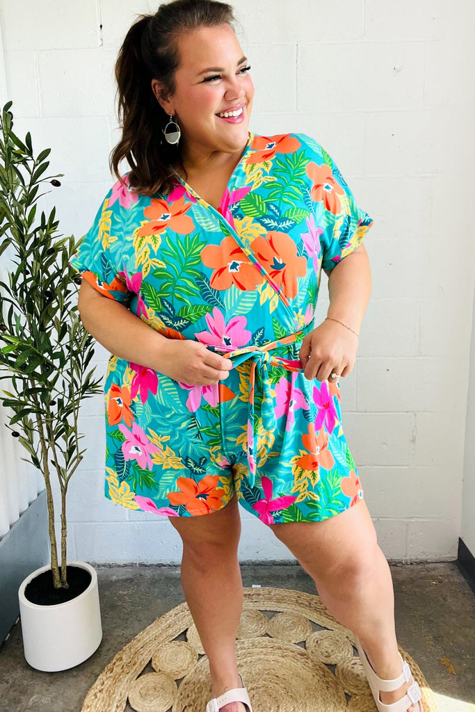 Tropical Vibes Turquoise Floral Surplice Tie Waist Romper-Timber Brooke Boutique, Online Women's Fashion Boutique in Amarillo, Texas