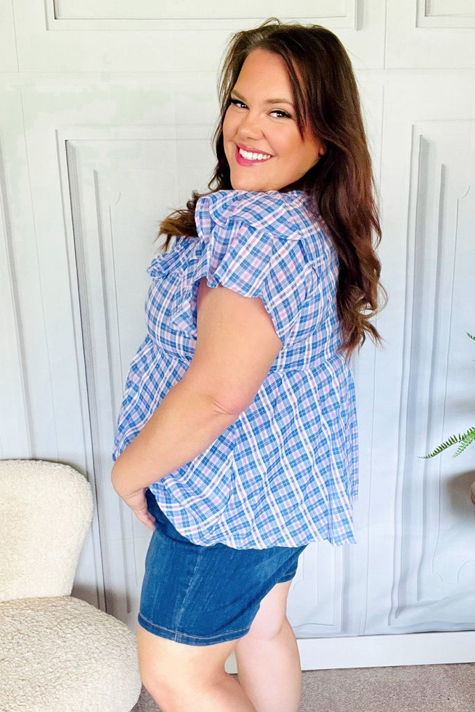 Hello Beautiful Blue Plaid V Neck Ruffle Elastic Babydoll Top-Timber Brooke Boutique, Online Women's Fashion Boutique in Amarillo, Texas