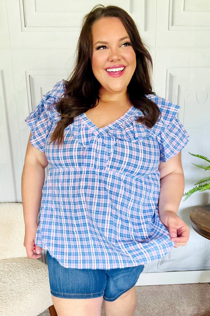 Hello Beautiful Blue Plaid V Neck Ruffle Elastic Babydoll Top-Timber Brooke Boutique, Online Women's Fashion Boutique in Amarillo, Texas