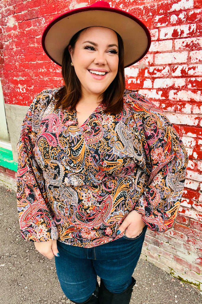 Black & Rust Paisley Surplice Peplum Top-Timber Brooke Boutique, Online Women's Fashion Boutique in Amarillo, Texas