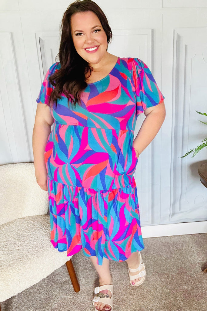 Remember Me Blue & Fuchsia Geo Print V Neck Dress-Timber Brooke Boutique, Online Women's Fashion Boutique in Amarillo, Texas