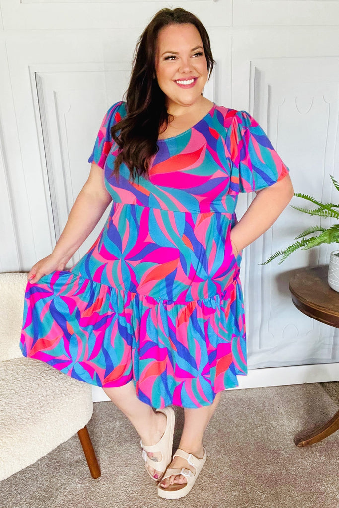 Remember Me Blue & Fuchsia Geo Print V Neck Dress-Timber Brooke Boutique, Online Women's Fashion Boutique in Amarillo, Texas