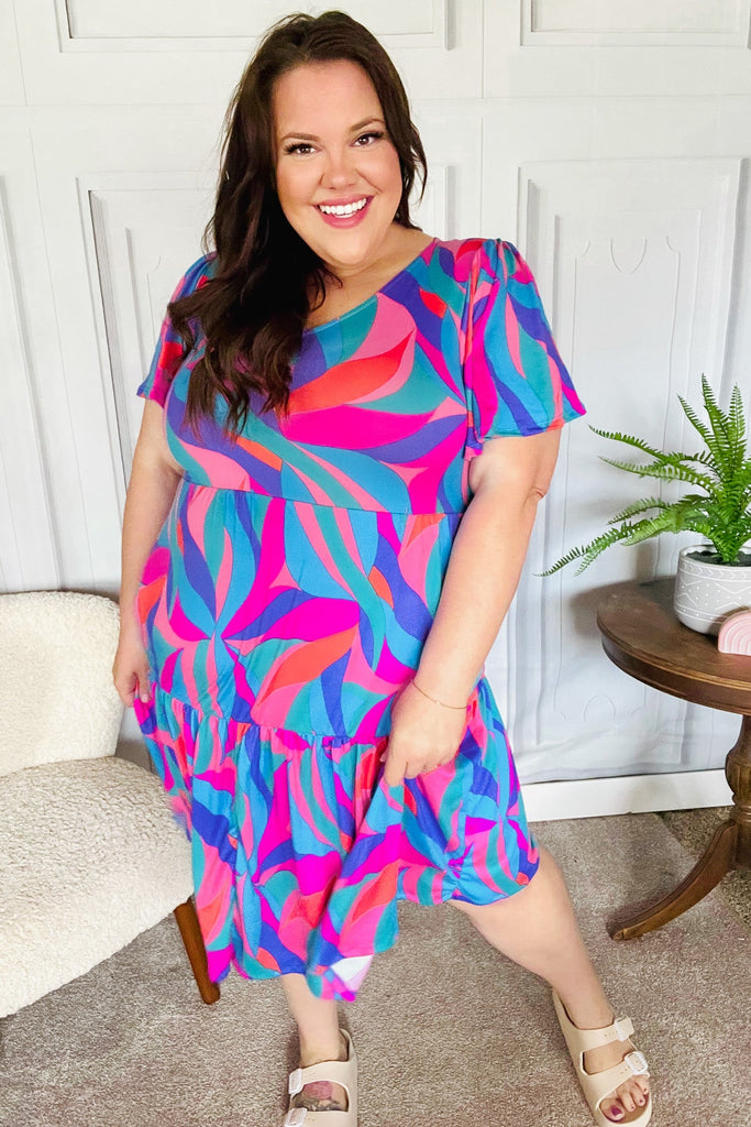 Remember Me Blue & Fuchsia Geo Print V Neck Dress-Timber Brooke Boutique, Online Women's Fashion Boutique in Amarillo, Texas