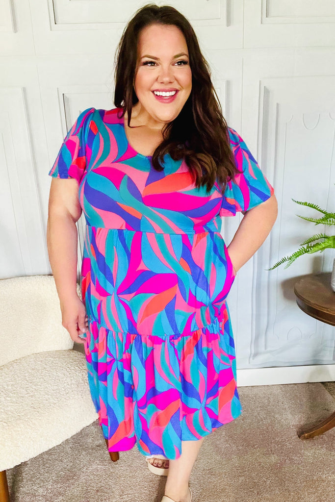 Remember Me Blue & Fuchsia Geo Print V Neck Dress-Timber Brooke Boutique, Online Women's Fashion Boutique in Amarillo, Texas