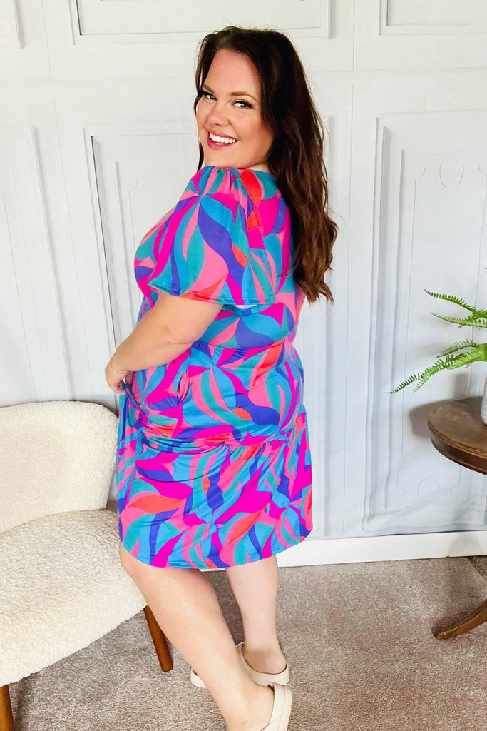 Remember Me Blue & Fuchsia Geo Print V Neck Dress-Timber Brooke Boutique, Online Women's Fashion Boutique in Amarillo, Texas