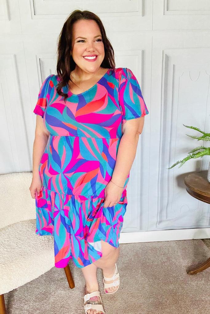 Remember Me Blue & Fuchsia Geo Print V Neck Dress-Timber Brooke Boutique, Online Women's Fashion Boutique in Amarillo, Texas